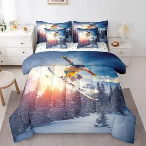 Boys Skiing Comforter Set,7 Pieces Skating Extreme Sport Queen Bed in a Bag,Snow Field Ski Skate All Season Bedding Sets with 1 Comforter,1 Flat Sheet,1 Fitted Sheet,2 Pillowcase and 2 Pillow Sham