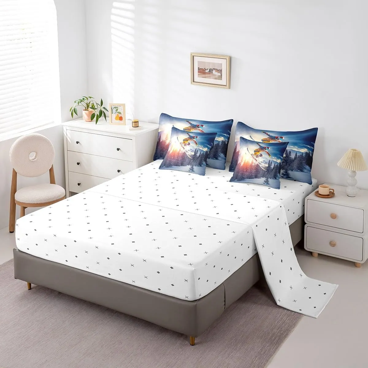 Boys Skiing Comforter Set,7 Pieces Skating Extreme Sport Queen Bed in a Bag,Snow Field Ski Skate All Season Bedding Sets with 1 Comforter,1 Flat Sheet,1 Fitted Sheet,2 Pillowcase and 2 Pillow Sham