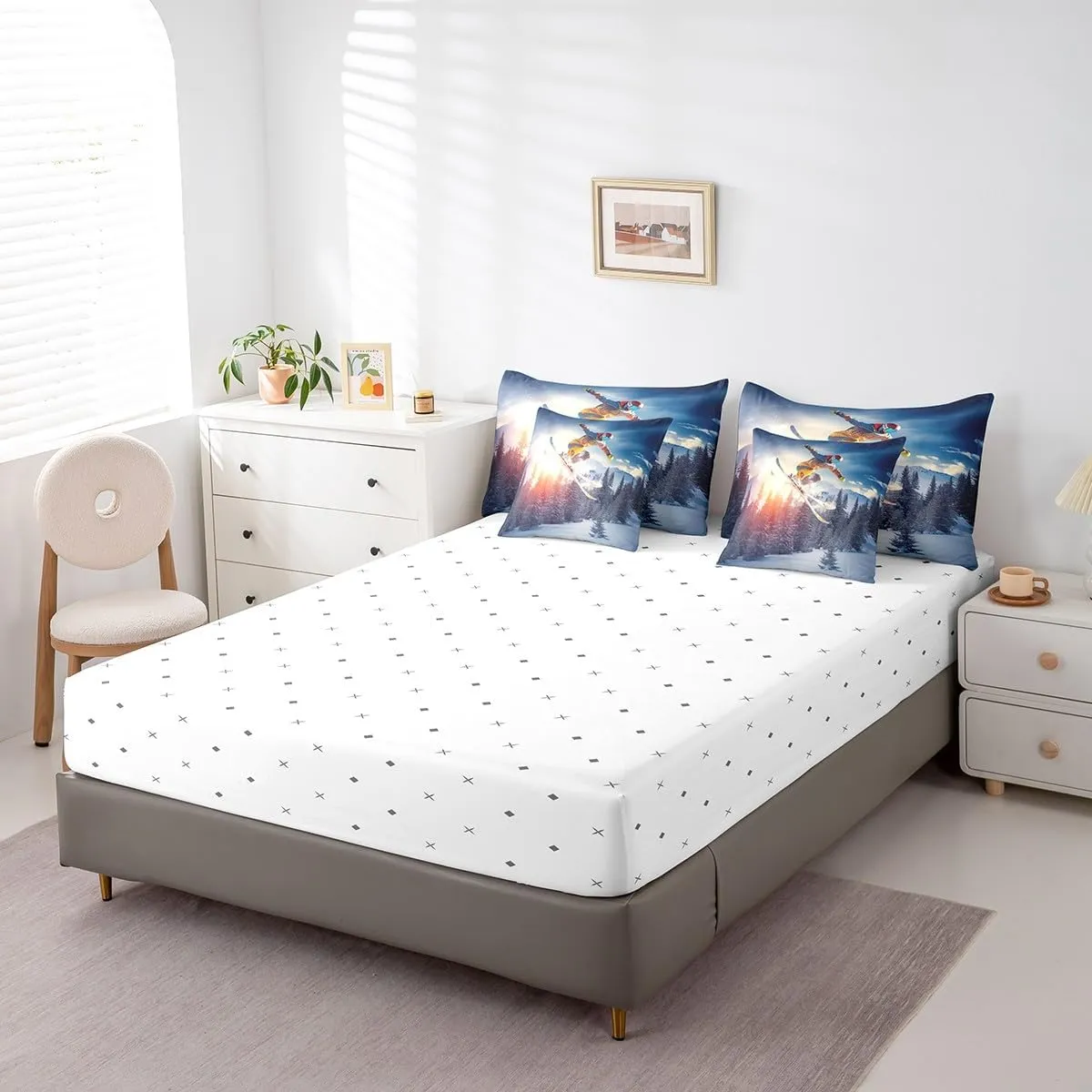 Boys Skiing Comforter Set,7 Pieces Skating Extreme Sport Queen Bed in a Bag,Snow Field Ski Skate All Season Bedding Sets with 1 Comforter,1 Flat Sheet,1 Fitted Sheet,2 Pillowcase and 2 Pillow Sham