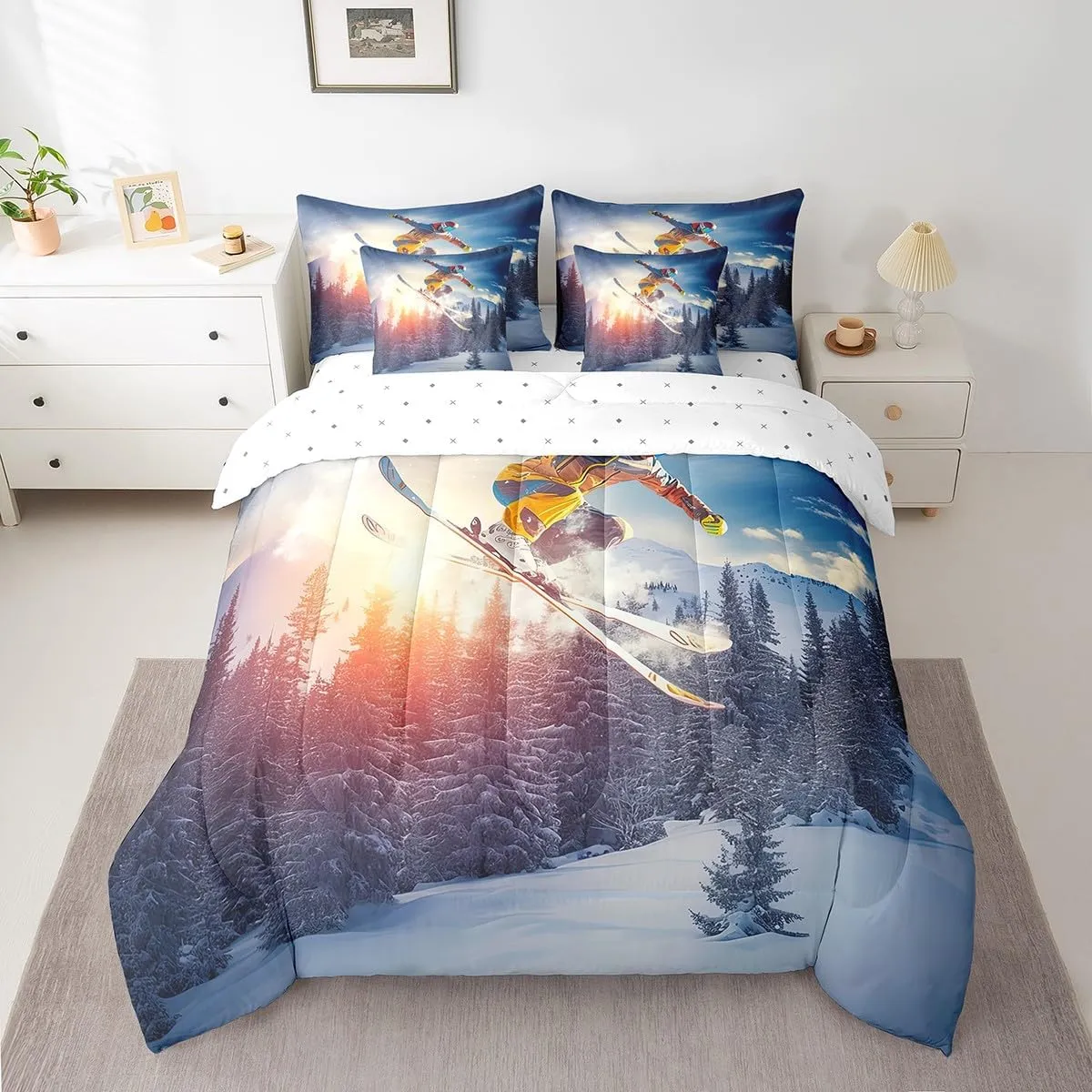 Boys Skiing Comforter Set,7 Pieces Skating Extreme Sport Queen Bed in a Bag,Snow Field Ski Skate All Season Bedding Sets with 1 Comforter,1 Flat Sheet,1 Fitted Sheet,2 Pillowcase and 2 Pillow Sham
