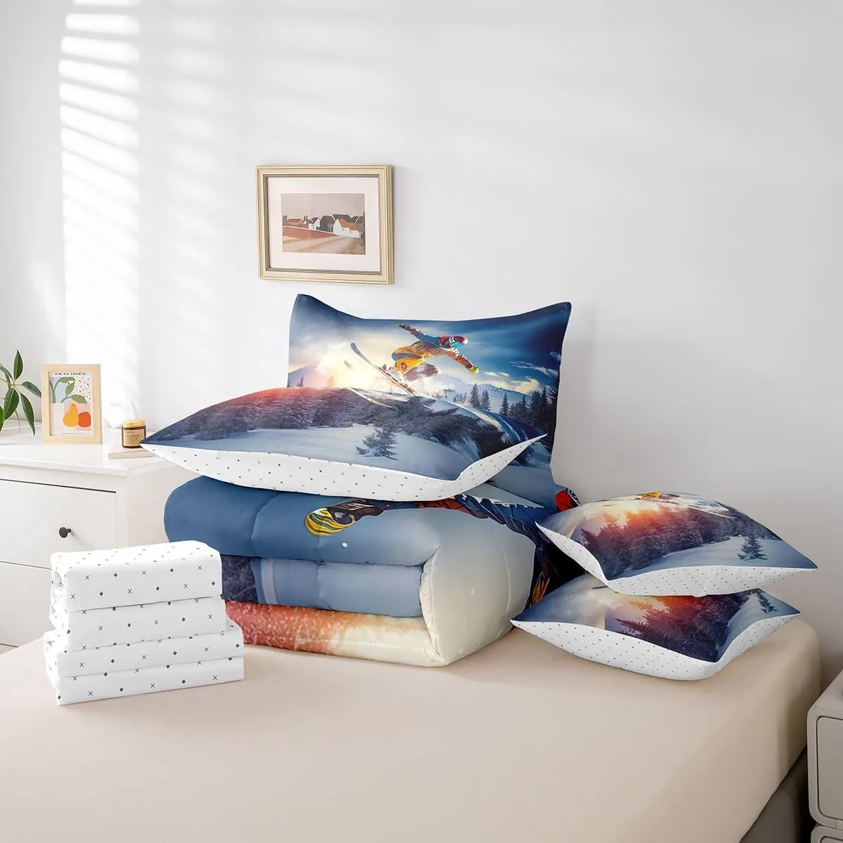 Boys Skiing Comforter Set,7 Pieces Skating Extreme Sport Queen Bed in a Bag,Snow Field Ski Skate All Season Bedding Sets with 1 Comforter,1 Flat Sheet,1 Fitted Sheet,2 Pillowcase and 2 Pillow Sham