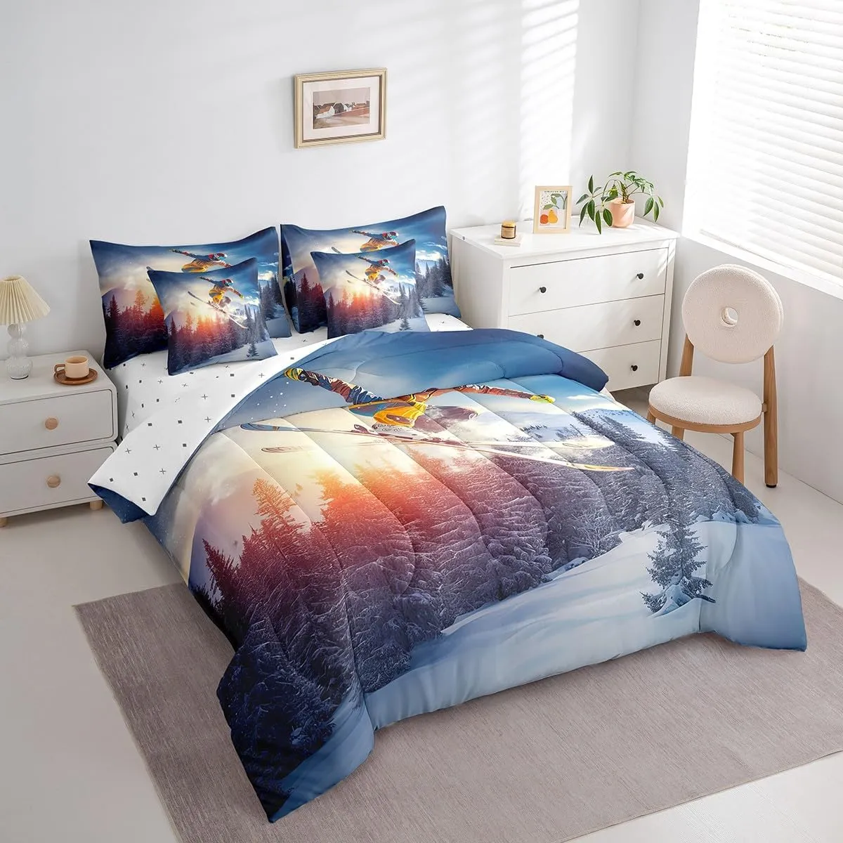 Boys Skiing Comforter Set,7 Pieces Skating Extreme Sport Queen Bed in a Bag,Snow Field Ski Skate All Season Bedding Sets with 1 Comforter,1 Flat Sheet,1 Fitted Sheet,2 Pillowcase and 2 Pillow Sham