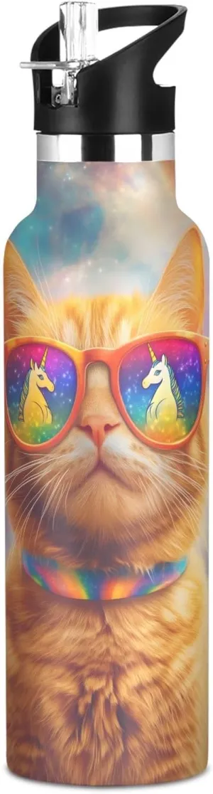 Boys Water Bottle with Straw Reusable Tumbler for Toddlers 20oz Kids Insulated Cups Leak Proof Double Wall 304 Stainless Steel Water Flask School Bottle,Funny Car and Rainbow Horse