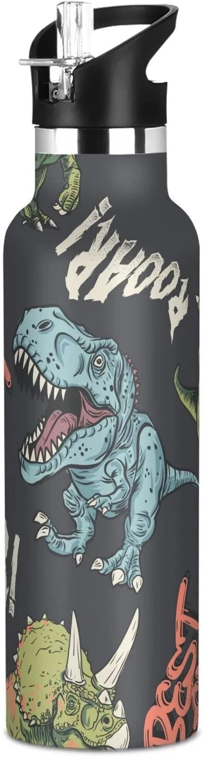 Boys Water Bottle with Straw Reusable Tumbler for Toddlers 20oz Kids Insulated Cups Leak Proof Double Wall 304 Stainless Steel Water Flask School Bottle,Hand Drawing Cartoon Dinosaurs