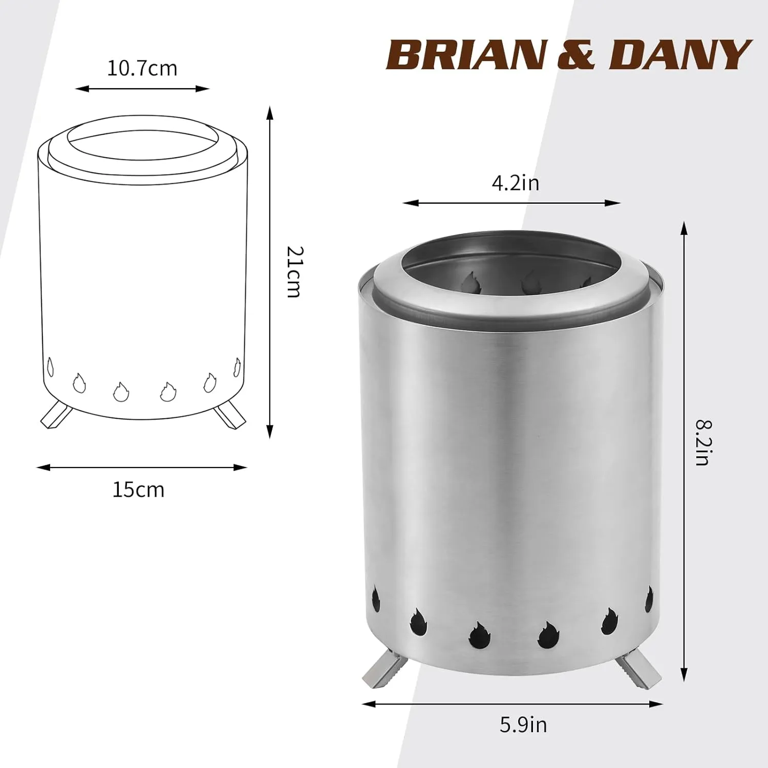 BRIAN & DANY Solo Fire Pit with Stand, Smokeless Firepit for Outside, Stainless Steel Personal Stove Bonfire Fueled by Pellets or Wood, Birthday Gifts, Housewarming Gift - 5.9in x 8.2in, Silver