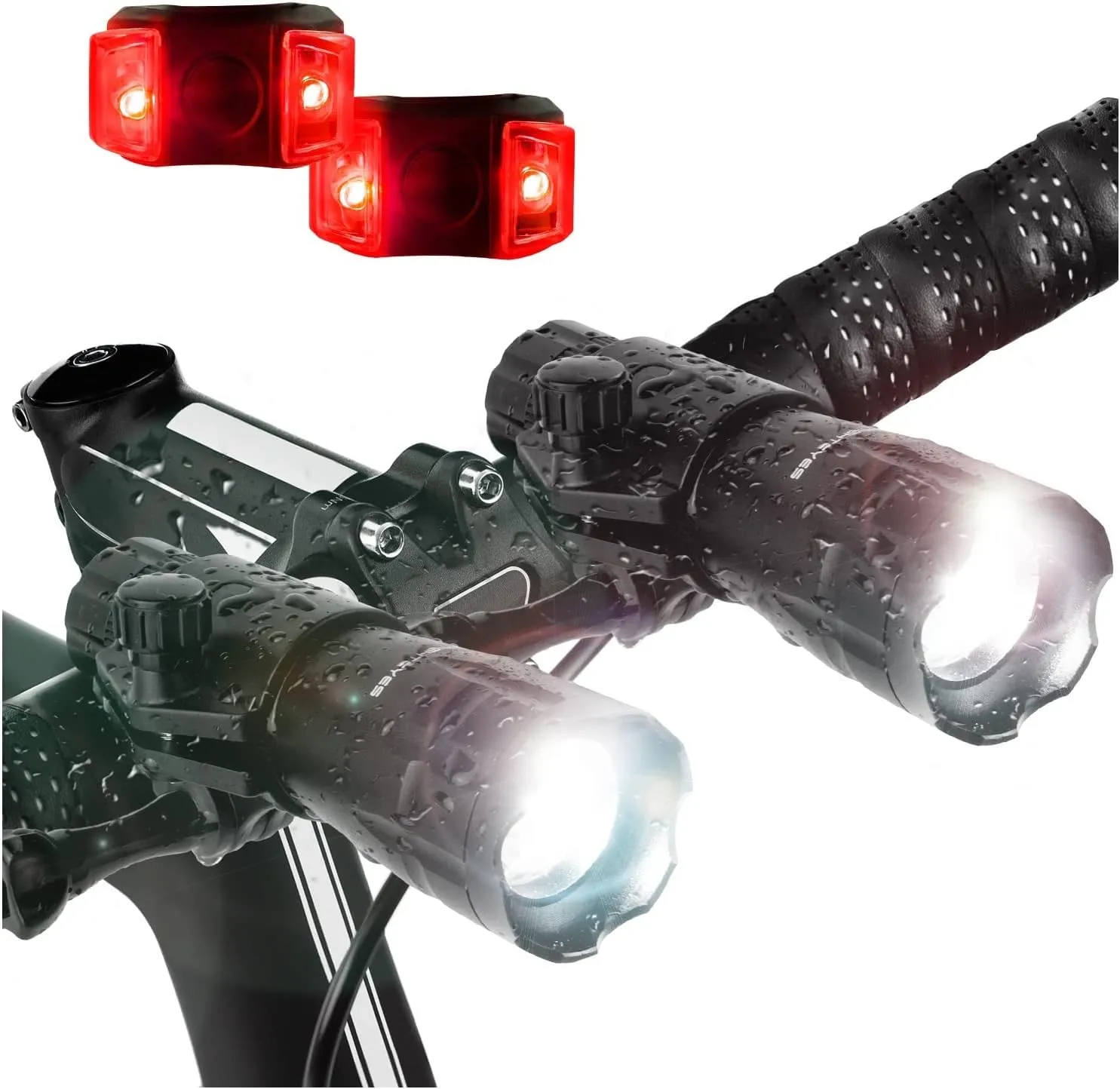 Bright Eyes 2-Pack - Aircraft Aluminium Waterproof 300 Lumen LED Bike Light Set (Headlight, Taillight) - Batteries Included