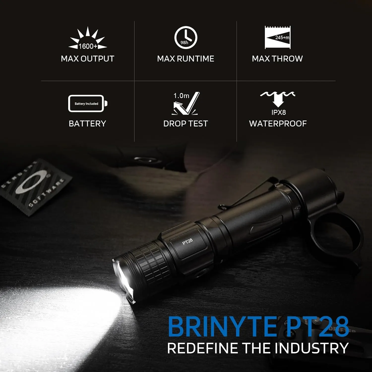 Brinyte PT28 Professional LED Tactical Flashlight 1600 Lumens, Rechargeable IP68 Waterproof Small Pocket Light, 245 Meters Long Throw, Black