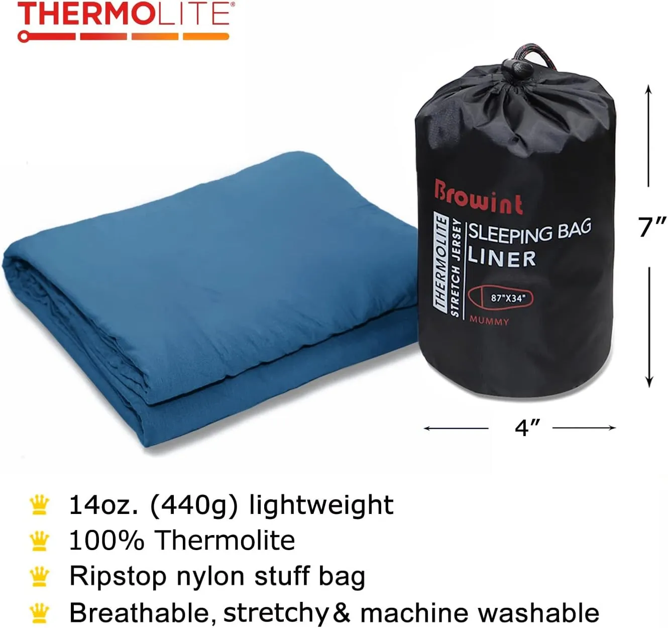 BROWINT Thermolite Sleeping Bag Liner with Zippers for Cold Weather, Lightweight Mummy with Hood & Rectangular Sleep Sack for Adult, Adds Warmth, Thermal Travel Liner, All Season