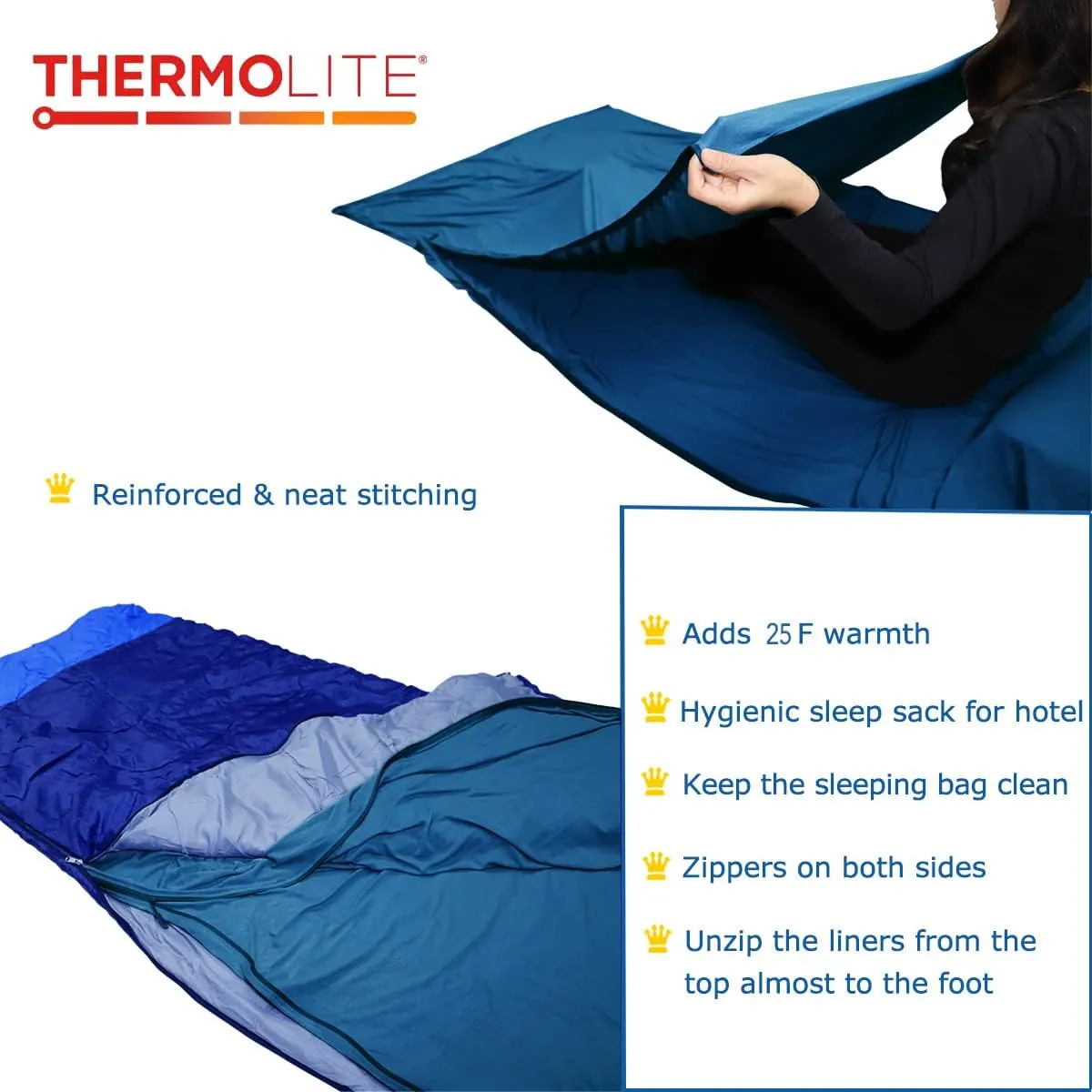 BROWINT Thermolite Sleeping Bag Liner with Zippers for Cold Weather, Lightweight Mummy with Hood & Rectangular Sleep Sack for Adult, Adds Warmth, Thermal Travel Liner, All Season