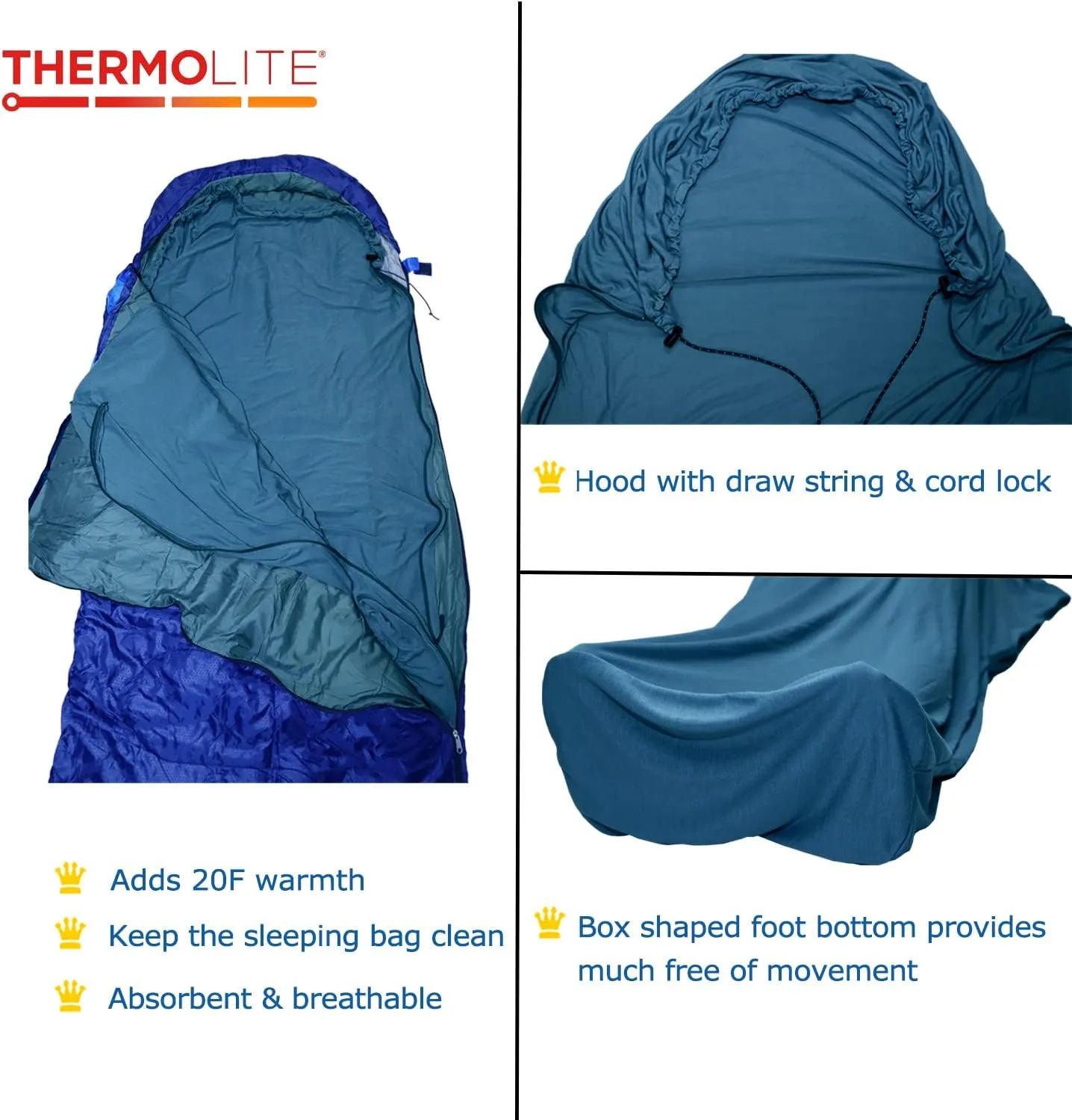 BROWINT Thermolite Sleeping Bag Liner with Zippers for Cold Weather, Lightweight Mummy with Hood & Rectangular Sleep Sack for Adult, Adds Warmth, Thermal Travel Liner, All Season