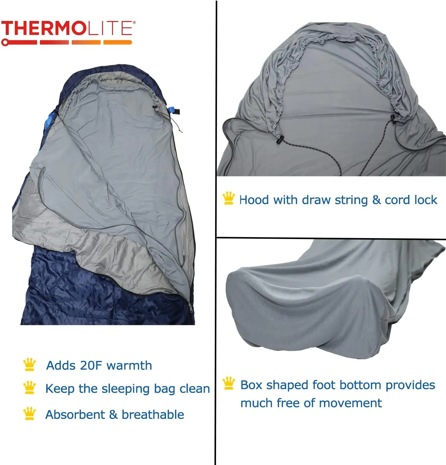 BROWINT Thermolite Sleeping Bag Liner with Zippers for Cold Weather, Lightweight Mummy with Hood & Rectangular Sleep Sack for Adult, Adds Warmth, Thermal Travel Liner, All Season