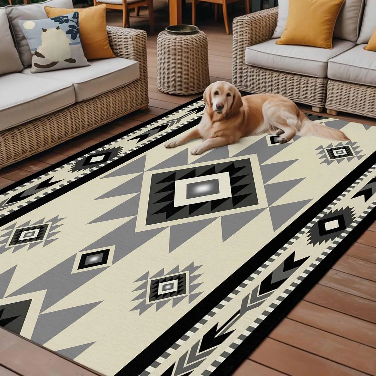 Brown Aztecs Outdoor Rug 6x9ft Large Patio Rug,Washable RV Camping Outside Area Runner Rug Mat,Southwestern Stripe Native American Boho Carpet for Picnic Backyard Deck Porch Balcony Beach & Indoor