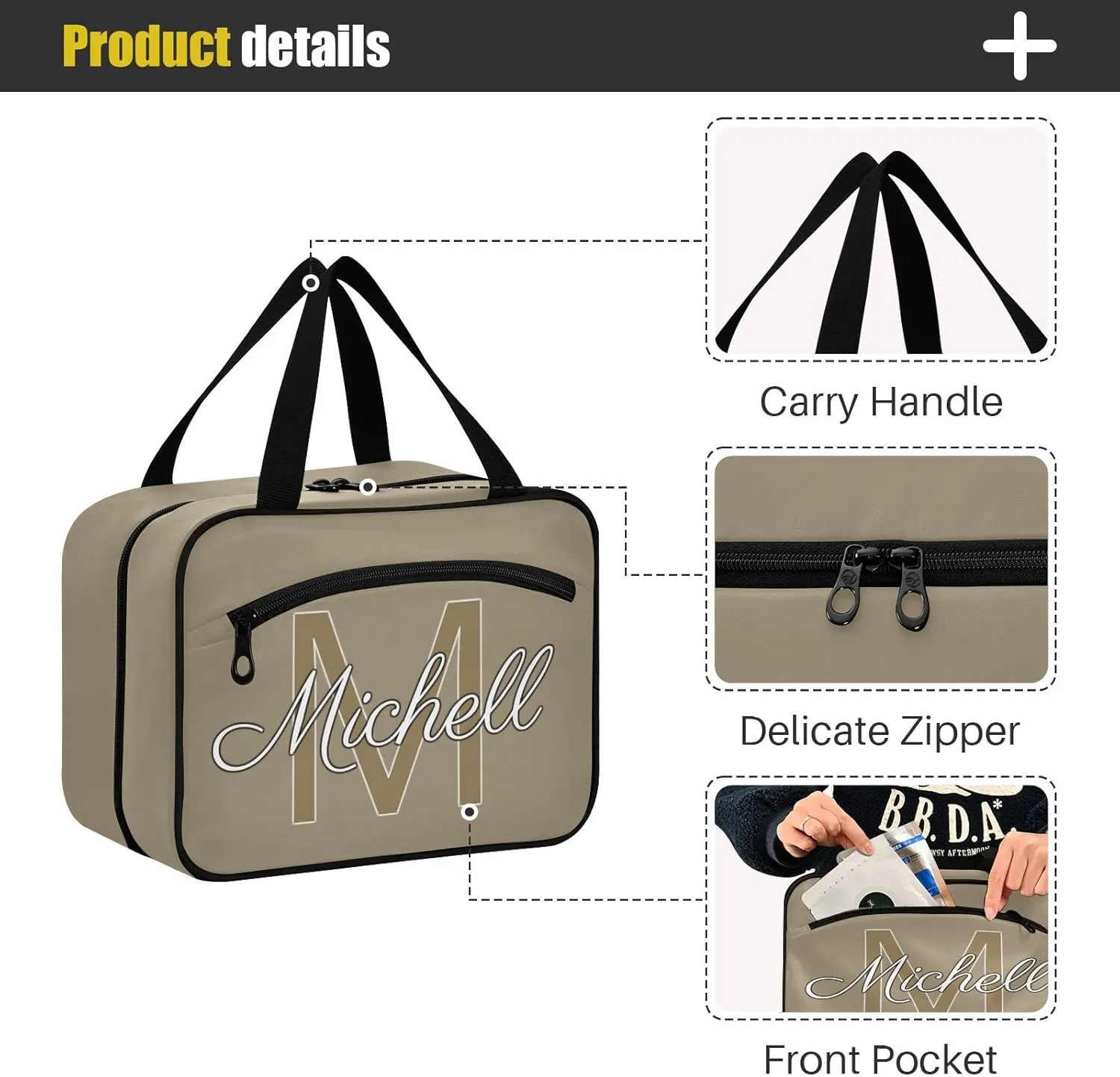 Brown Gray Personalized Hanging Travel Toiletry Bag for Women Men Custom Makeup Organizer with bottles & hanging hook Bathroom Shower Bag for Toiletries Traveling Outdoors Hotel Bathroom
