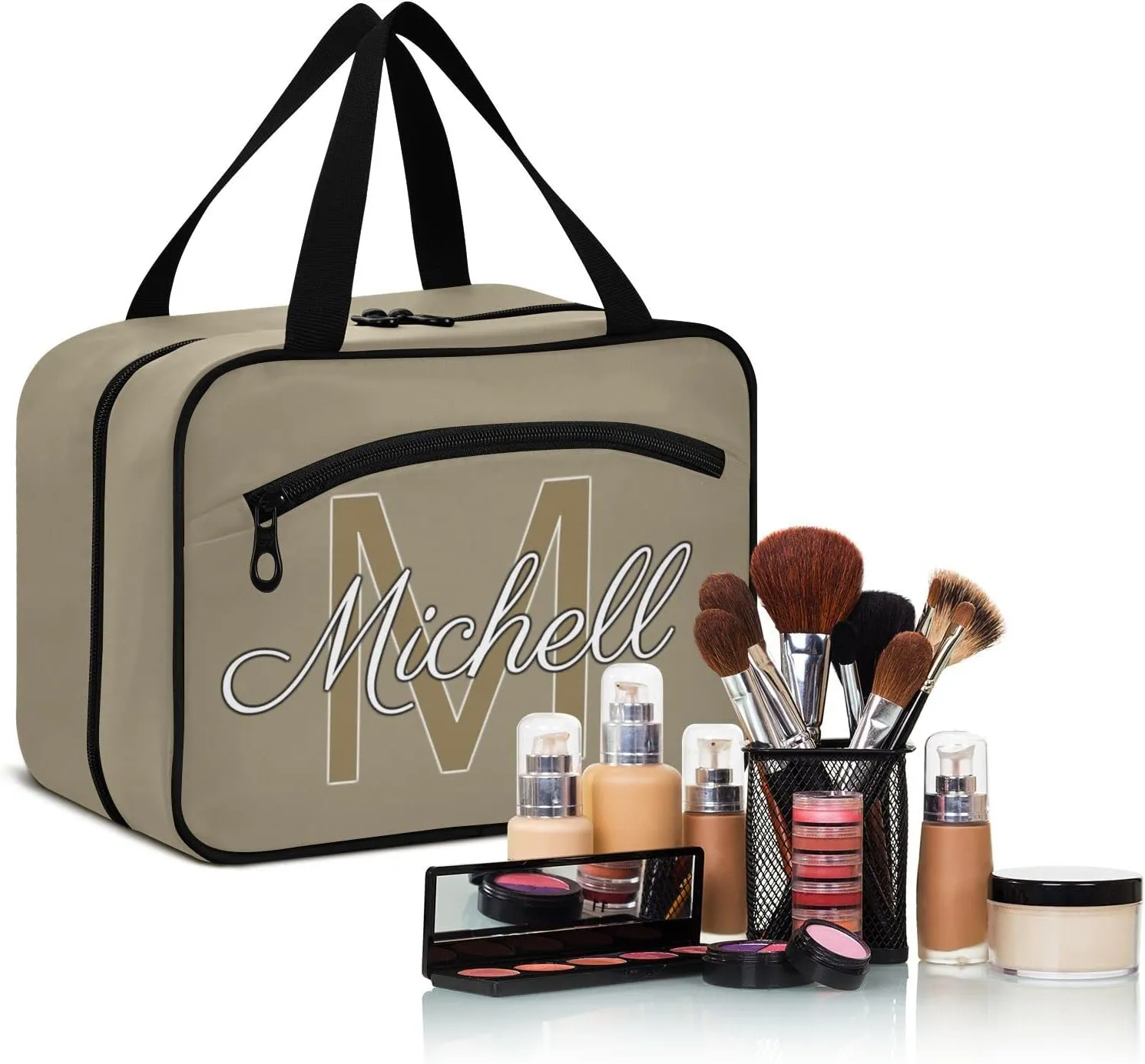 Brown Gray Personalized Hanging Travel Toiletry Bag for Women Men Custom Makeup Organizer with bottles & hanging hook Bathroom Shower Bag for Toiletries Traveling Outdoors Hotel Bathroom