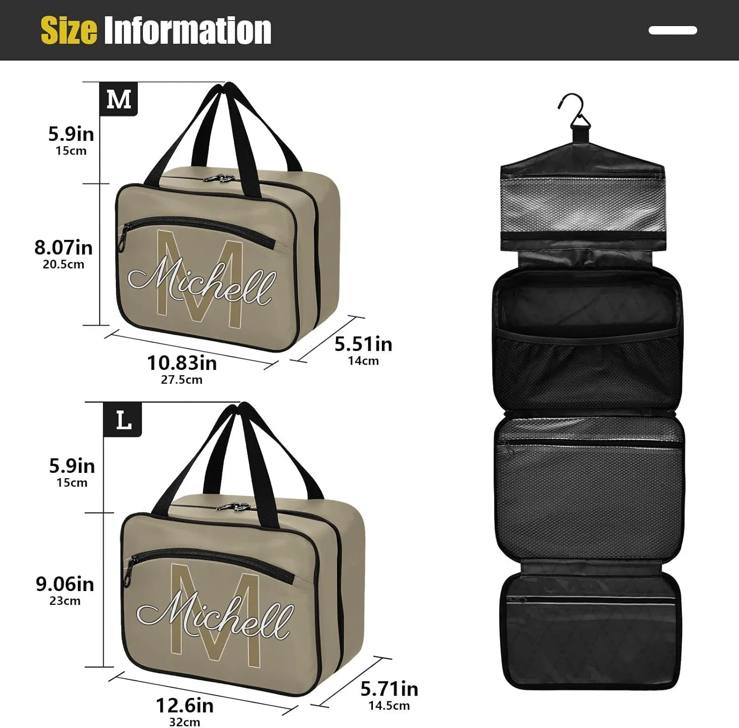 Brown Gray Personalized Hanging Travel Toiletry Bag for Women Men Custom Makeup Organizer with bottles & hanging hook Bathroom Shower Bag for Toiletries Traveling Outdoors Hotel Bathroom