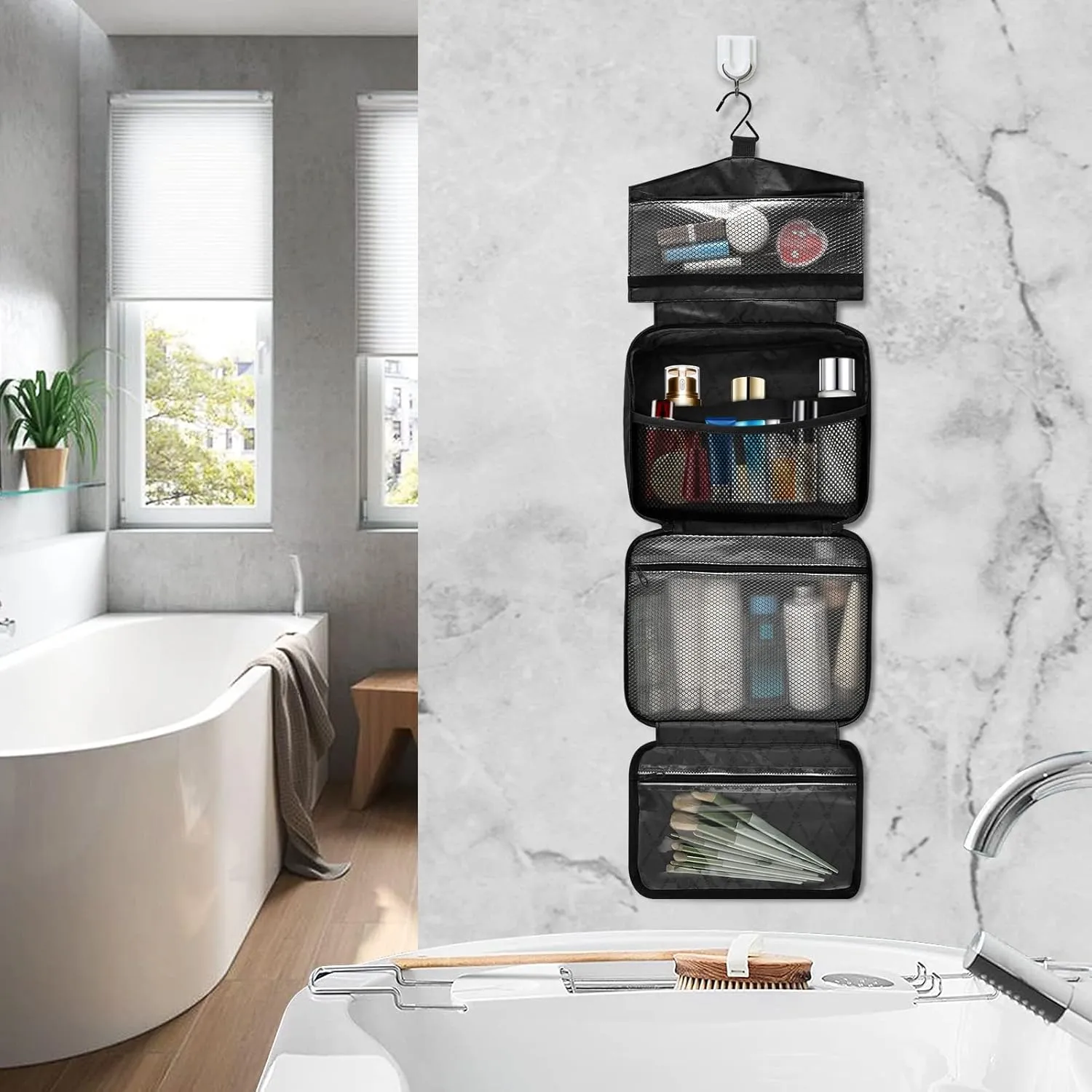 Brown Gray Personalized Hanging Travel Toiletry Bag for Women Men Custom Makeup Organizer with bottles & hanging hook Bathroom Shower Bag for Toiletries Traveling Outdoors Hotel Bathroom