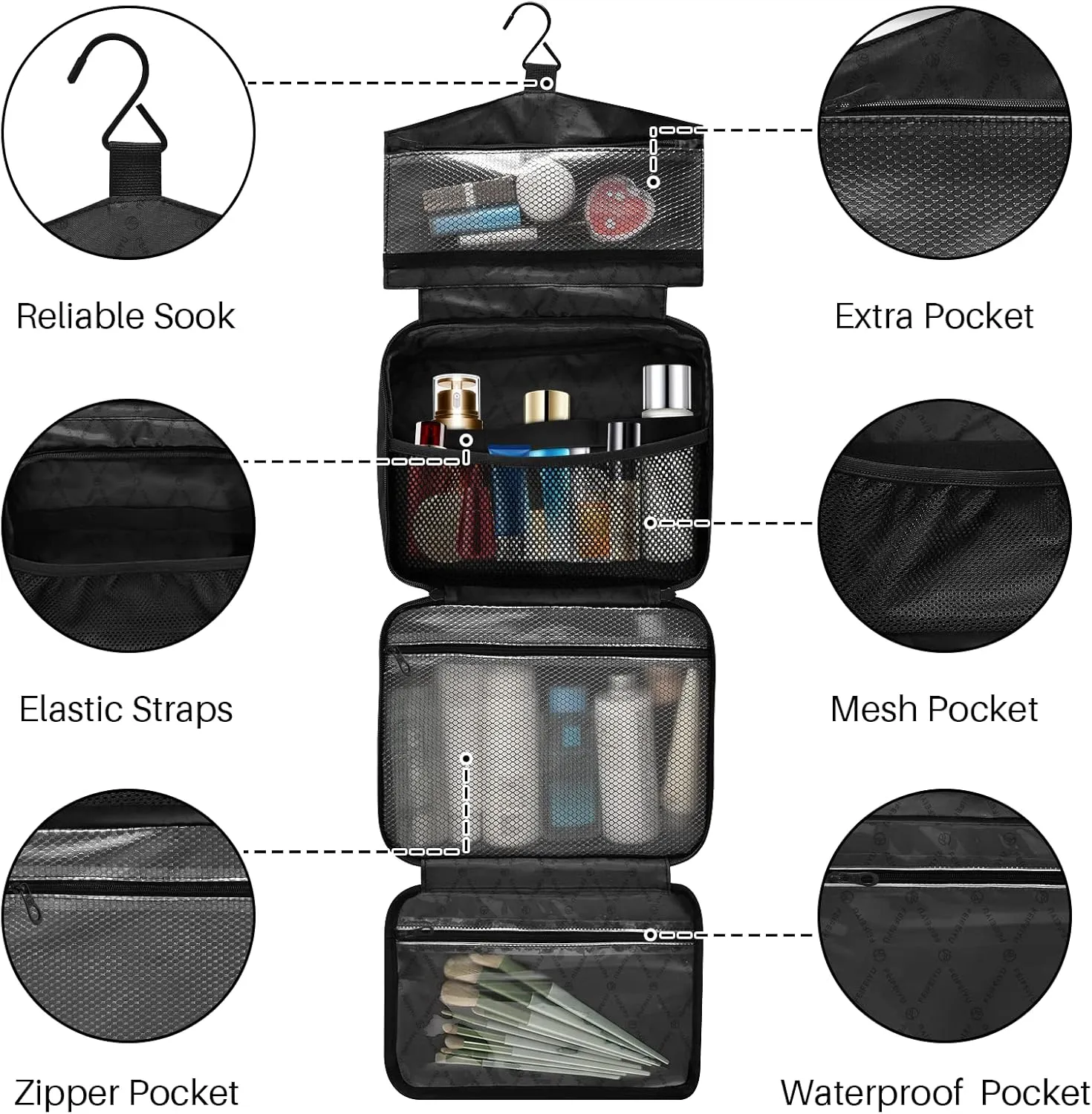 Brown Gray Personalized Hanging Travel Toiletry Bag for Women Men Custom Makeup Organizer with bottles & hanging hook Bathroom Shower Bag for Toiletries Traveling Outdoors Hotel Bathroom