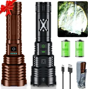 Brown&Black LED Flashlights High Lumens, Tactical Flashlight Rechargeable USB C, 11 Modes, Zoomable, IP67 Waterproof, High Powered Flashlight for Home Camping Emergencies