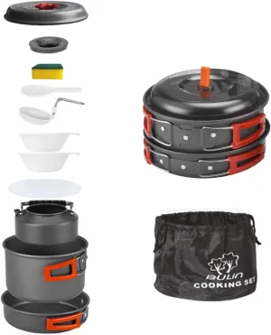 Bulin 12 Pcs Camping Cookware Mess Kit Nonstick Backpacking Cooking Set Outdoor Cook Gear for Family Hiking Picnic Lightweight Cookware Sets