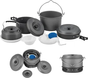 Bulin 13Pcs Camping Cookware Mess Kit, Nonstick Backpacking Cooking Set, Outdoor Cook Gear for Family Hiking, Picnic Lightweight Cookware Sets(Kettle, Pots, Frying Pan, BPA-Free Bowls, Plates, Spoon)