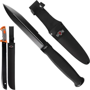 Bundle of 2 Items - 18,5 Inch Serrated Blade Machete with Nylon Sheath - Saw Blade Machetes with Non-Slip Rubber Handle - Best EDC Survival Camping Hiking Military Tool Sharp Belt Boot Knives - Gifts