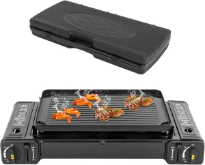 Butane Camping Stove 2 Burner Portable Camping Stove with Adjustable Burners and Carrying Case Auto Ignition Camping Burner LPG for Indoor and Outdoor Use (With Grill Tray), Black