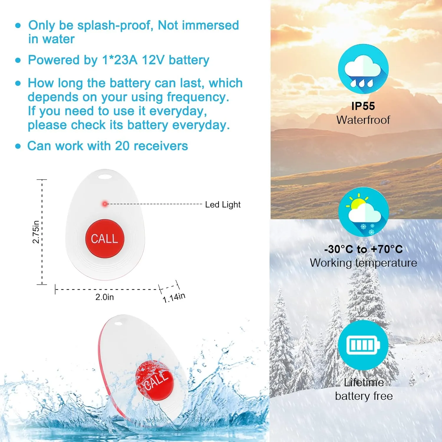 CallToU Wireless Caregiver Pager Call Button for Hard of Hearing 500FT Emergency Alert System Waterproof Call Bell for Elderly at Home/Elderly/Patients/Disabled (CCVB 4-2)