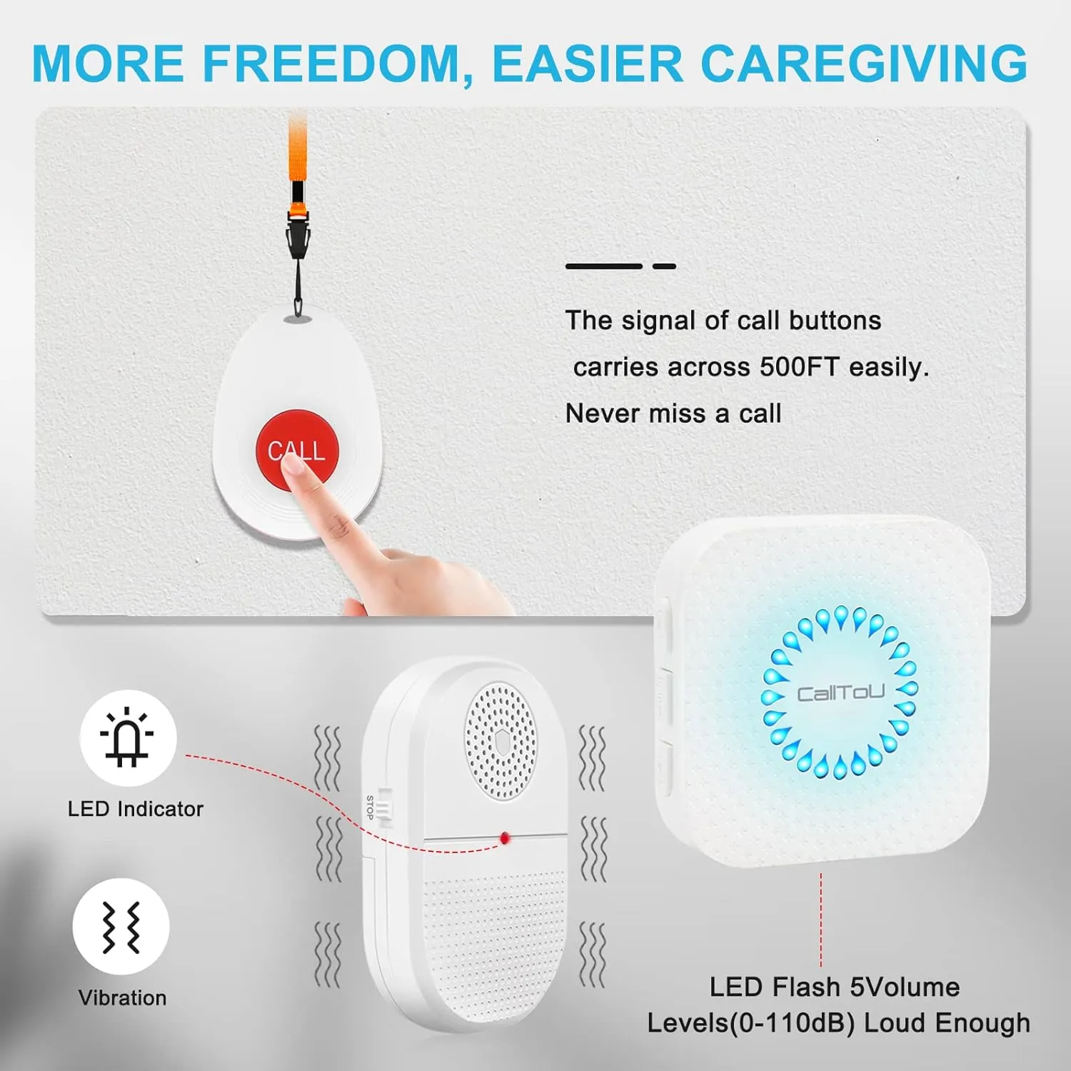 CallToU Wireless Caregiver Pager Call Button for Hard of Hearing 500FT Emergency Alert System Waterproof Call Bell for Elderly at Home/Elderly/Patients/Disabled (CCVB 4-2)