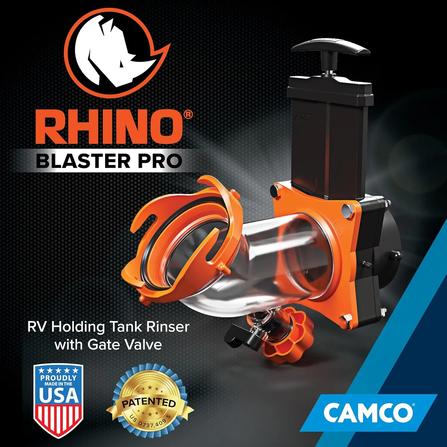 Camco Rhino Blaster RV Tank Rinser with Gate Valve & Backflow Preventer RV Accessories for Waste Tank Cleaning - Essential Camper Supplies for Odor Control and Sensor Maintenance - (39086)