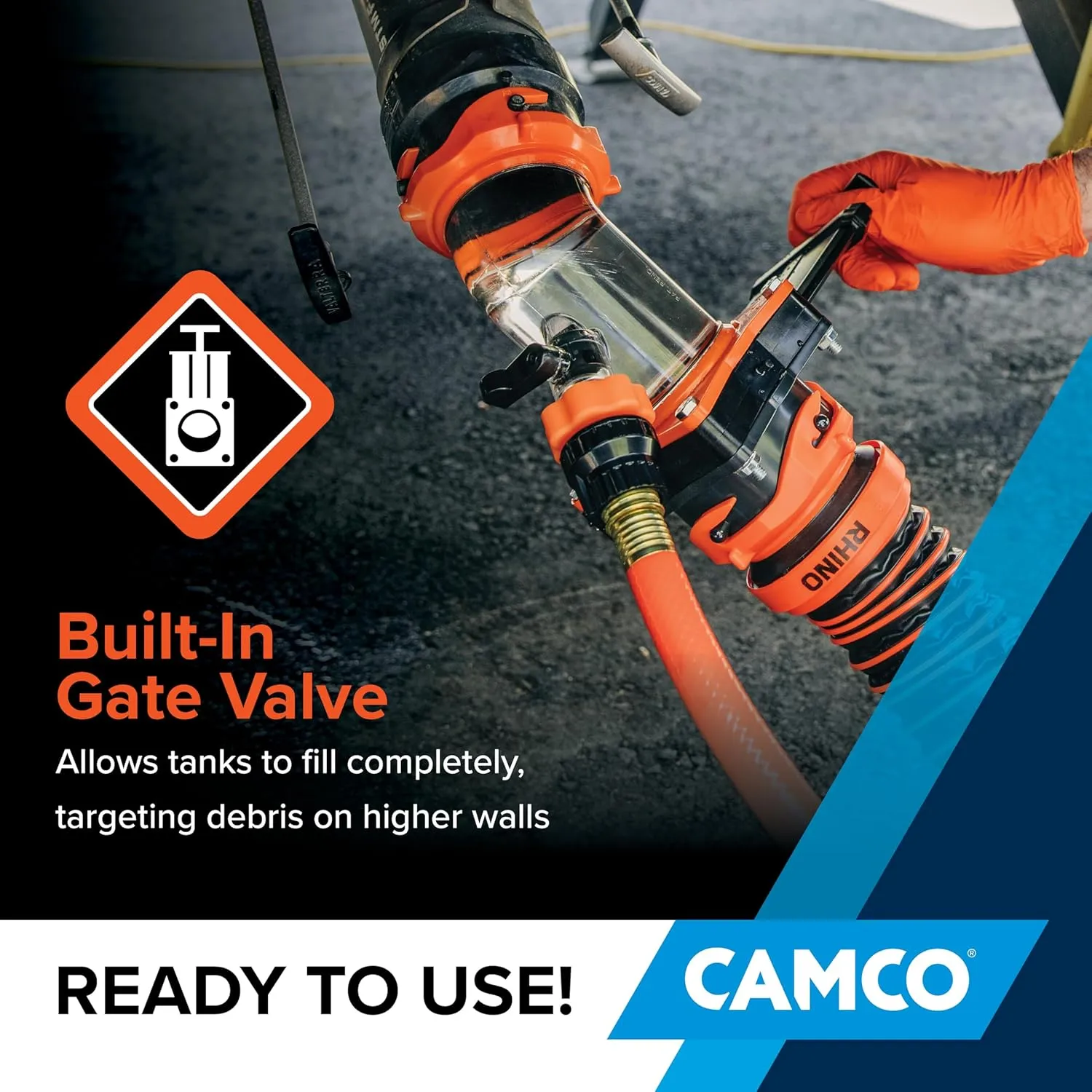 Camco Rhino Blaster RV Tank Rinser with Gate Valve & Backflow Preventer RV Accessories for Waste Tank Cleaning - Essential Camper Supplies for Odor Control and Sensor Maintenance - (39086)