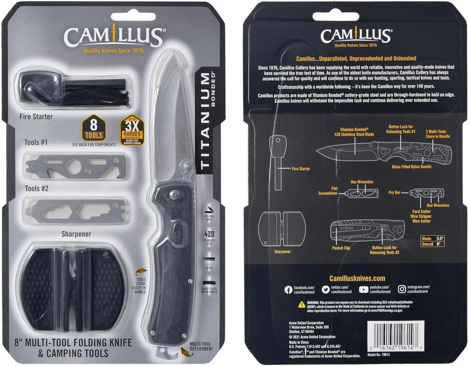 Camillus 8" Folding Knife, 3.5" Blade with 2 Multi-Tools, Firestarter and Sharpener