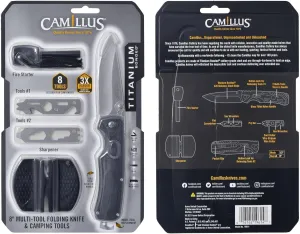 Camillus 8" Folding Knife, 3.5" Blade with 2 Multi-Tools, Firestarter and Sharpener