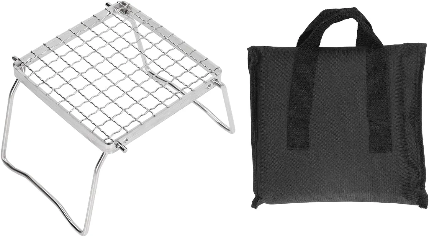 Camp Grill with Foldable Legs, Stainless Steel Camping Mini Folding Grill Rack Portable Grill Grid with Storage Bag for Picnics BBQ