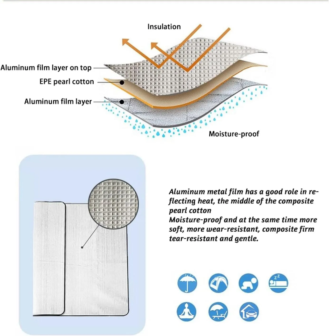 Camping Aluminum Foam Mat Foldable Double-Sided Insulating Thermal Waterproof Sleeping Mat 200 X 150 cm Tent Pad Ultralight Floor Mat of Aluminum Foil
