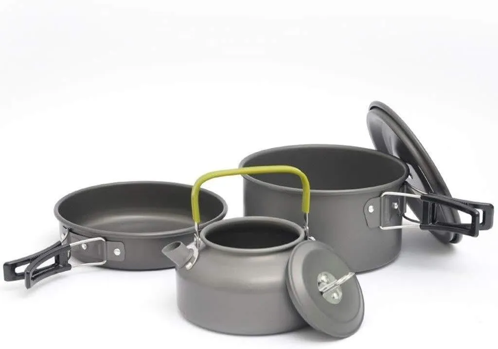 Camping Backpack Tableware Set - Outdoor Cookware Pot, Frying Pan, Teapot & Kettle, Lightweight Aluminum Survival Hiking Military Boiler for Picnic & Camping (2-3 Person)