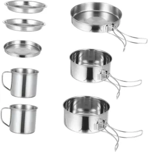 Camping Cooking Set 8-Piece Stainless Steel Pot Compact Picnic Utensils Hiking Cooking Tools Portable Tableware for