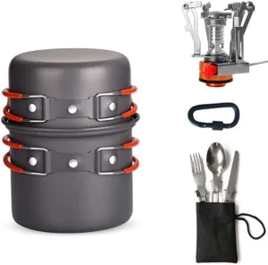 Camping Cookware Mess Kit, Camping Pot and Pan Set with Mini Backpacking Stove, Spork and Tank Bracket, Cooking Gear for Outdoor, Hiking, Picnic, Campfire