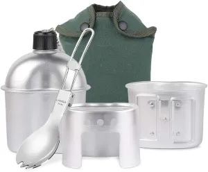 Camping cookware Set, 4pcs Cookware Set Aluminum Canteen Cup Wood Stove Set with Foldable Spork and Cover Bag for Camping Hiking Backpacking