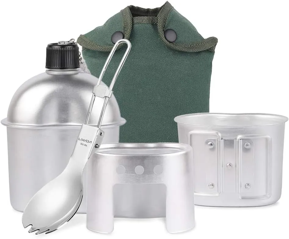 Camping cookware Set, 4pcs Cookware Set Aluminum Canteen Cup Wood Stove Set with Foldable Spork and Cover Bag for Camping Hiking Backpacking