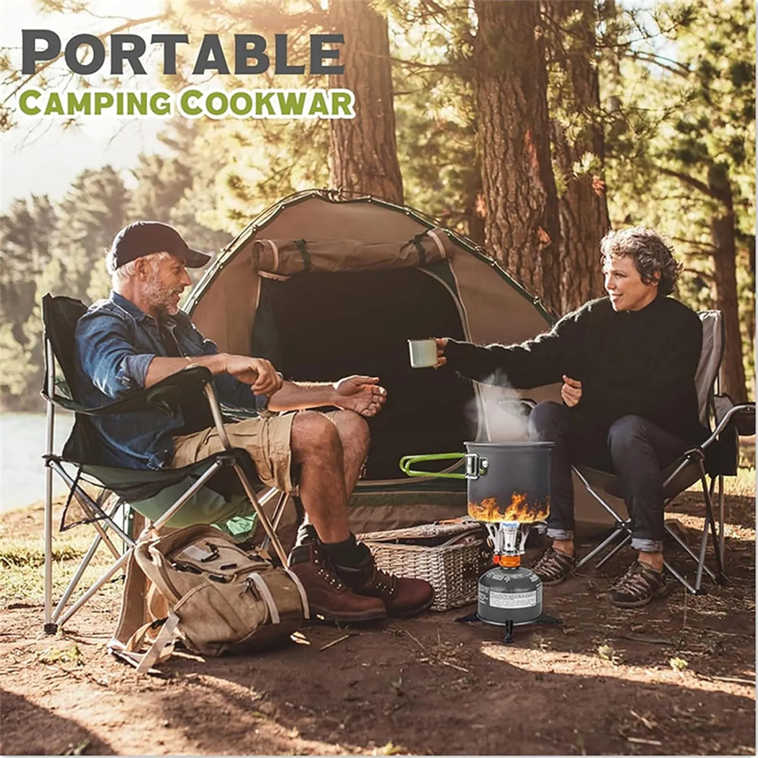 Camping Cookware Set, Light Pot and Pan Set with Foldable Camping Stove, Stainless Steel Cup Fork for Cooking Outdoors Outdoors Camping Hiking Picnic