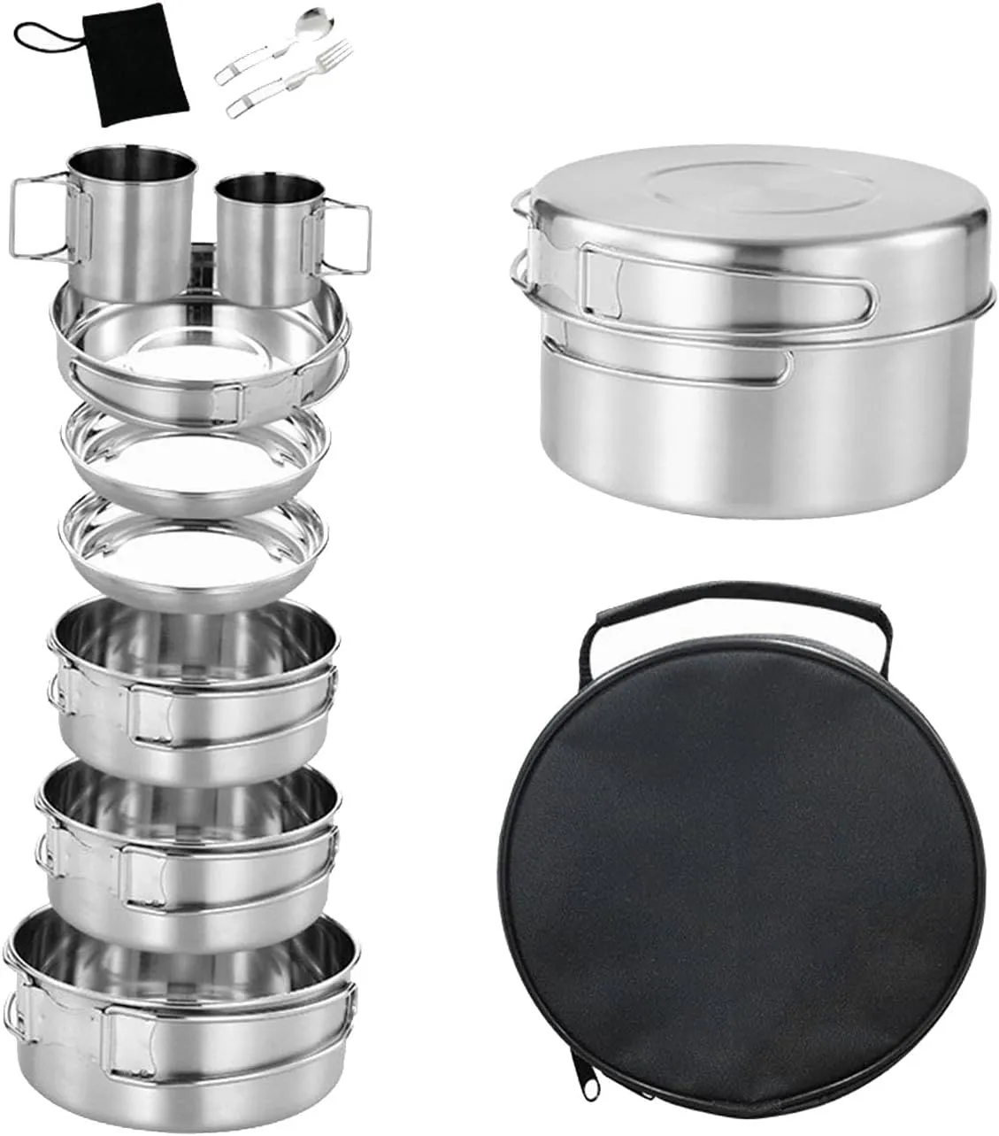 Camping Cookware Set Utensils Stainless Steel with Water Cup Camping Plates and Bowls Cooking Kit for Picnic Fishing Hiking