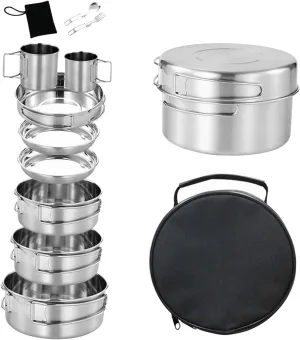 Camping Cookware Set Utensils Stainless Steel with Water Cup Camping Plates and Bowls Cooking Kit for Picnic Fishing Hiking