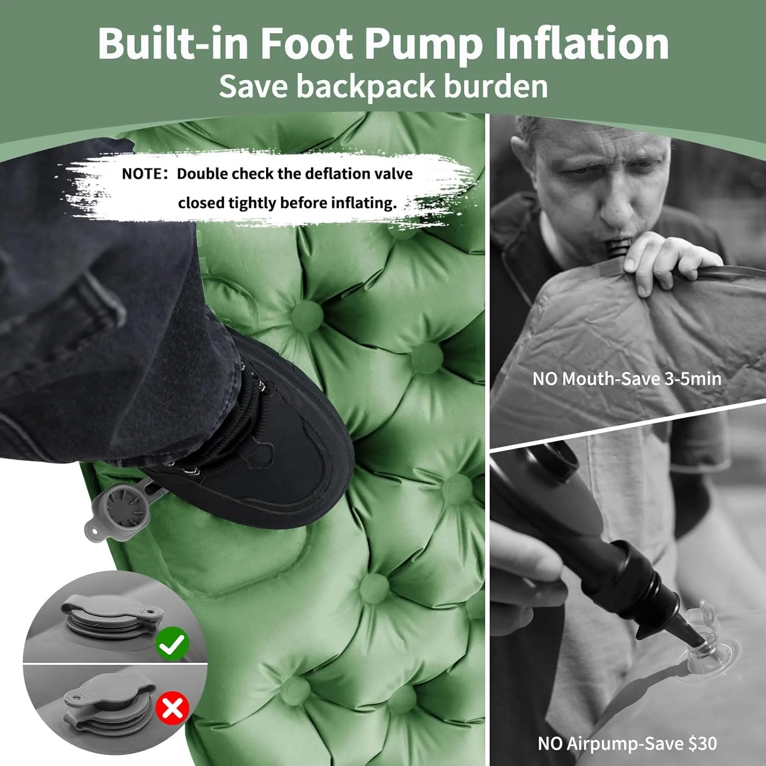 Camping Double Sleeping Pad,Ultralight Self Inflating Sleeping Mat for 2 Person with Pillow Built-in Foot Pump,Portable Camping Air Mat for Backpacking, Hiking, Traveling, Tent(Green)
