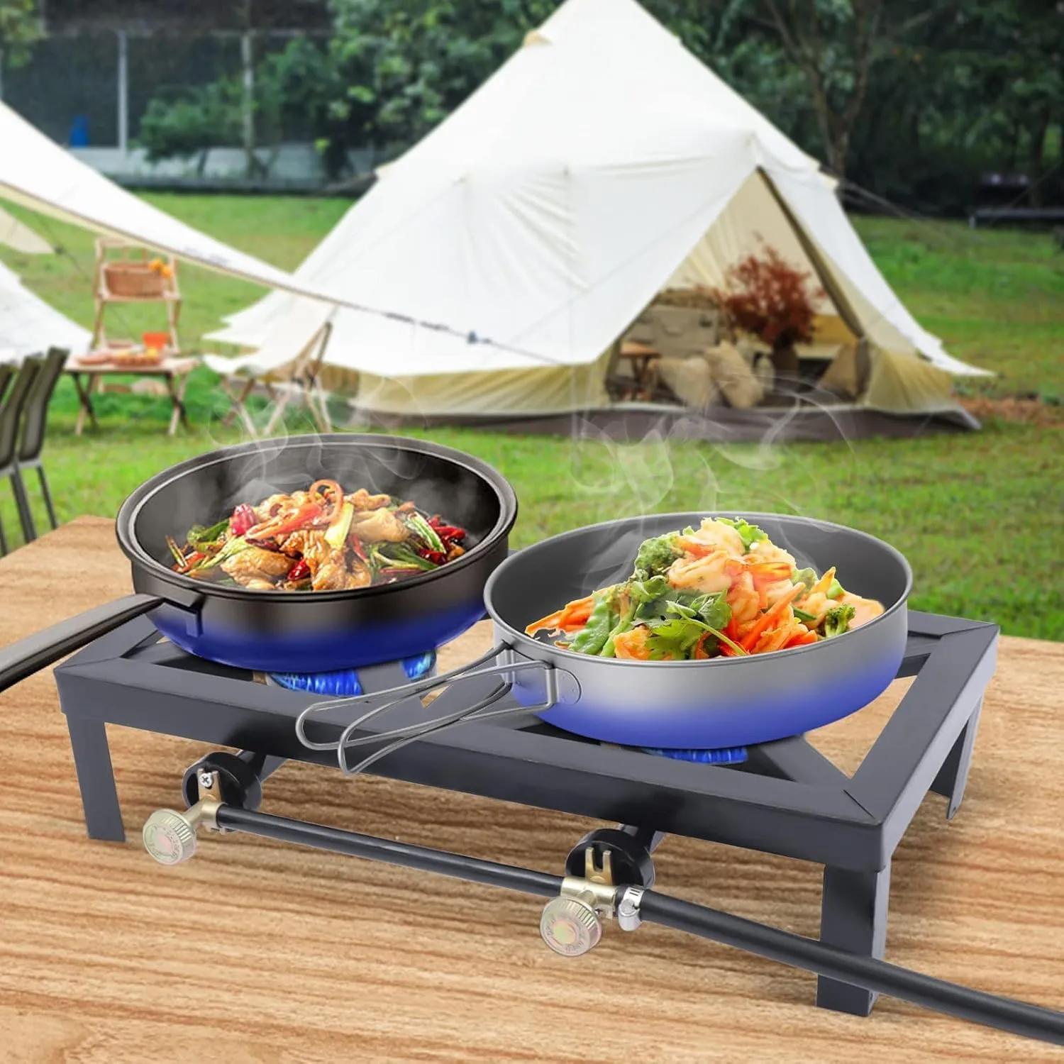 Camping Gas Stove - Double Burner Portable Outdoor Cooker with Adjustable Regulator Hose, 8000W BBQ Grill for Camping, Hiking, and Trekking