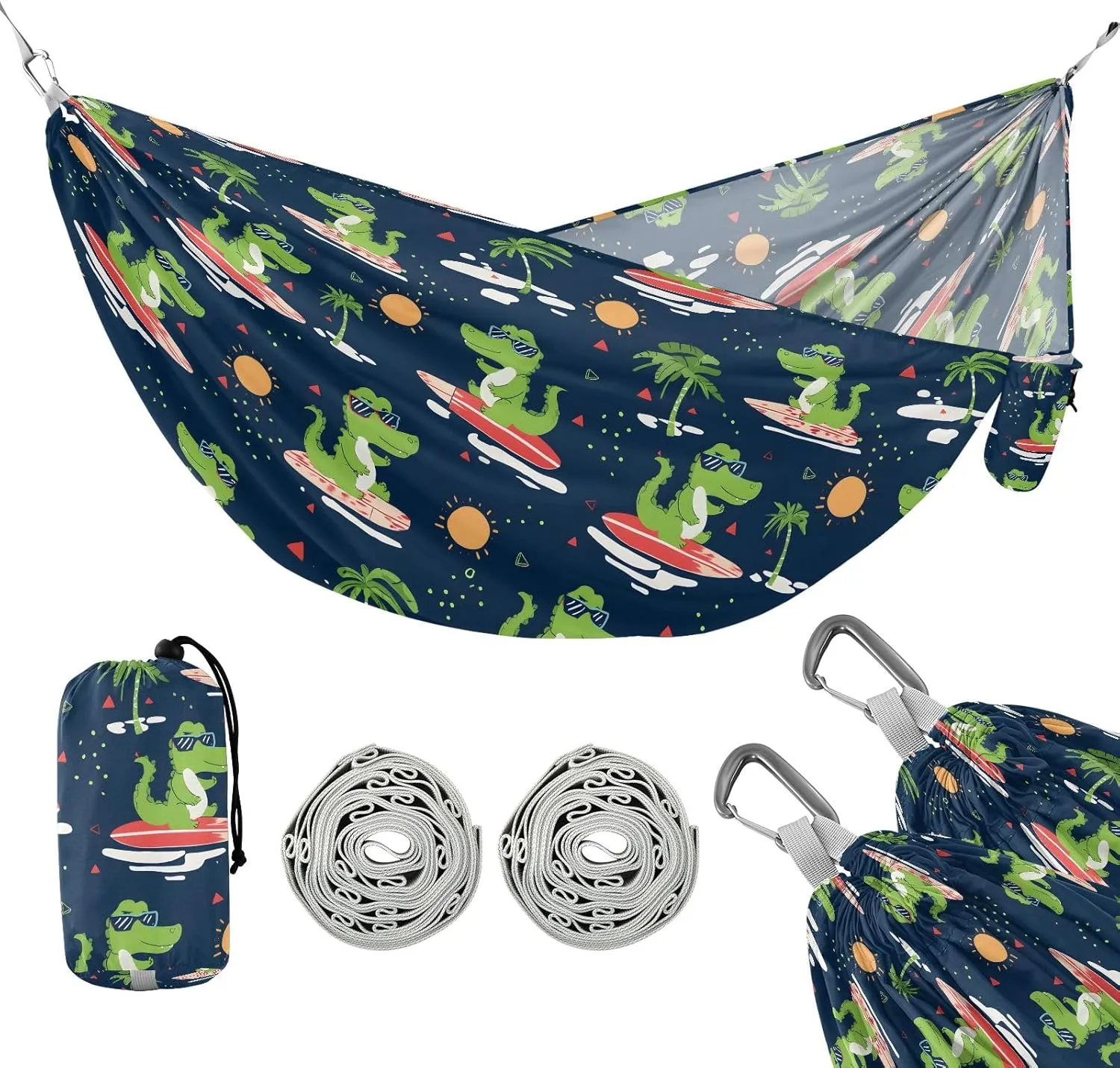 Camping Hammock Outdoor Hammocks for Outside Green Crocodile Surfing Beach Trees Portable Lightweight with Pockets Tree Straps Indoor