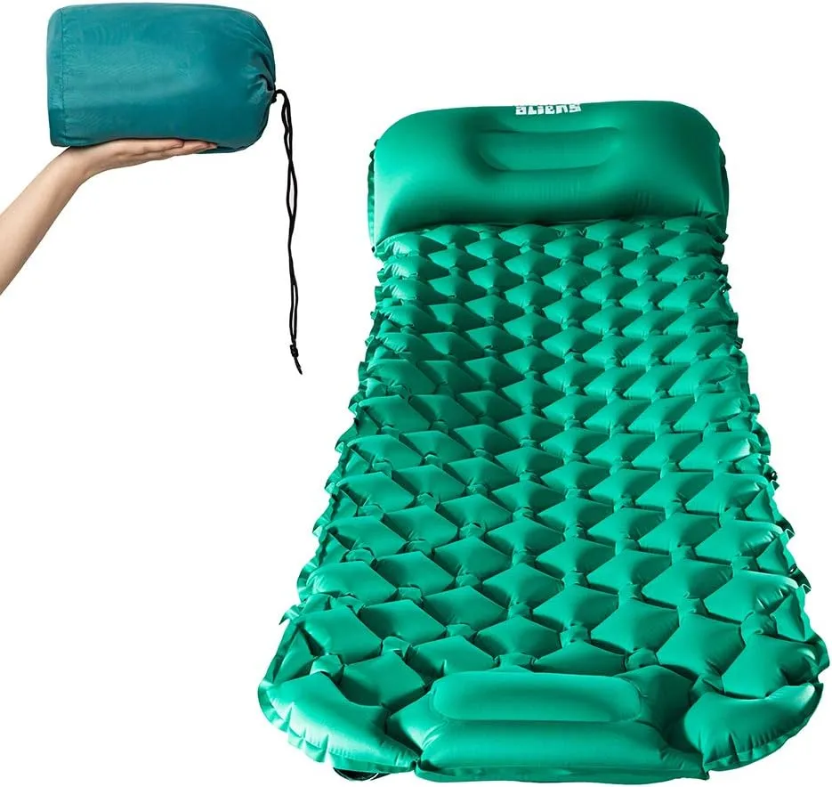 Camping Inflatable Sleeping Pad Mat with Air Pillow Compact Lightweight Ultralight Backpacking Built in Pump, Thickness Durable Waterproof Air Mattress for Hiking Traveling (Green)