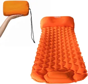 Camping Inflatable Sleeping Pad Mat with Air Pillow Compact Lightweight Ultralight Backpacking Built in Pump, Thickness Durable Waterproof Air Mattress for Hiking Traveling (Orange)
