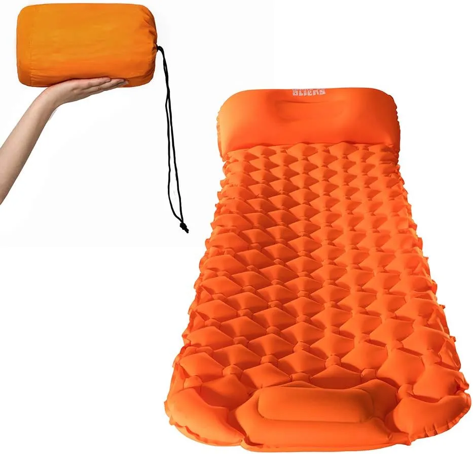 Camping Inflatable Sleeping Pad Mat with Air Pillow Compact Lightweight Ultralight Backpacking Built in Pump, Thickness Durable Waterproof Air Mattress for Hiking Traveling (Orange)