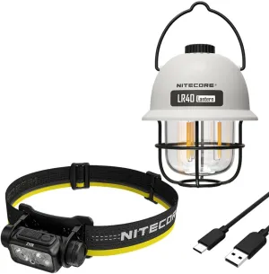 CAMPING KIT: Nitecore NU43 Lighweight rechargeable headlamp 1,000 Lumens w/ LR40 Rechargeable Camping Lantern and Eco-Sensa USB-C Charging cable