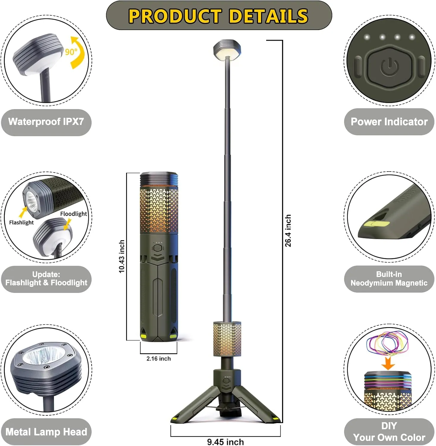 Camping-Lights-Rechargeable,Outdoor Telescopic-Collapsible-Lanterns with 2 Light Sources Mobile Lighting 10500mAh Battery Flash Light & Road Lamp for Adventure/Hiking/Camping(Military Green)